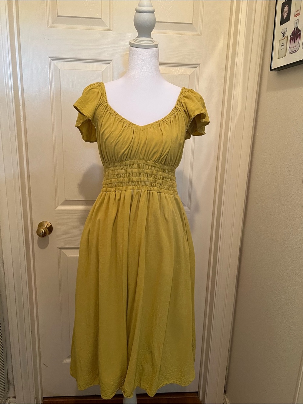 Yellow Summer Midi Dress with Smocked Waist